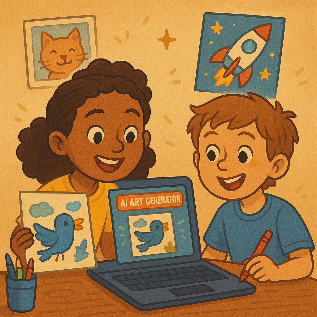 Two kids creating colourful AI art with a friendly AI helper